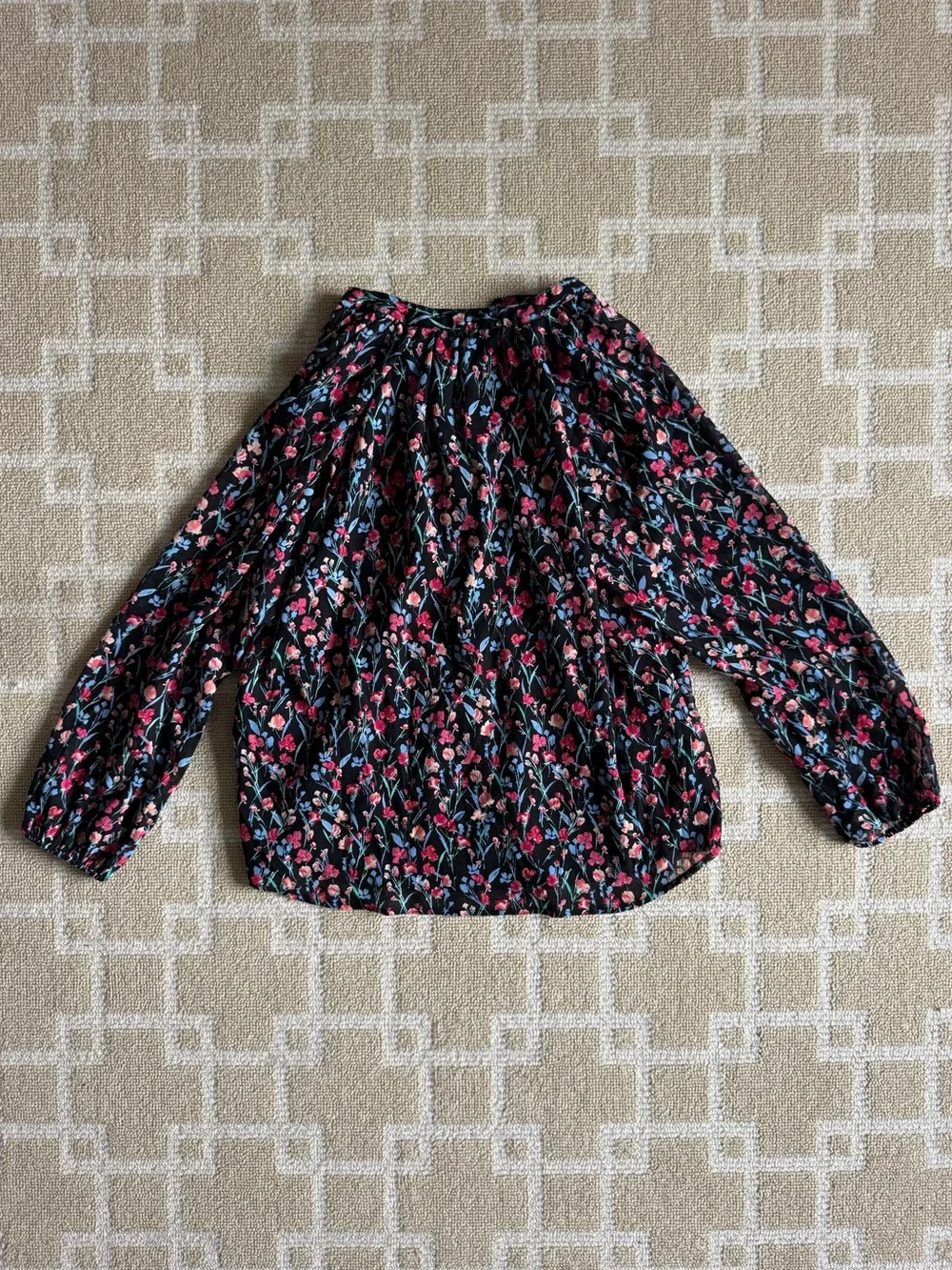 J. Crew Floral Boho Peasant Blouse Black Long Sleeve Lightweight Summer Top M